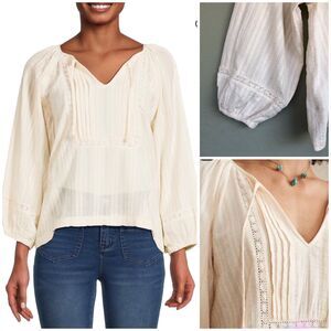 Marine Layer Dakota Top M Cream Tie Peasant Balloon Sleeve Coastal Boho Granola